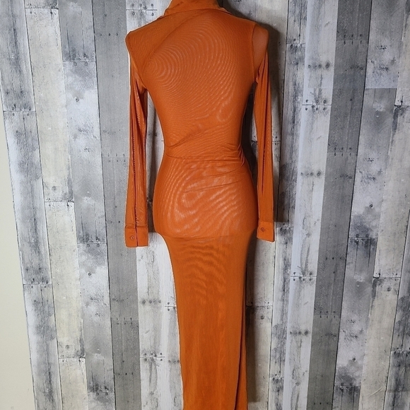 MESHKI XXS Jenny Mesh Ruched Maxi Dress in Burnt Orange - Picture 5 of 9
